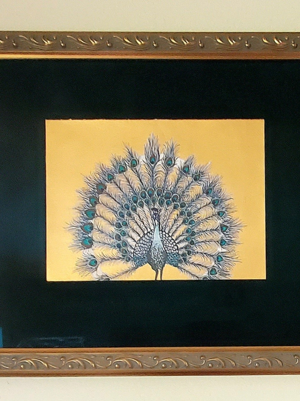 Peacock Feather Framed Original Art on Gold Background